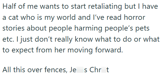 Half of me wants to start retaliating but I have a cat who is my world and I've read horror stories about people harming people's pets etc. I just don't really know what to do or what to expect from her moving forward. All this over fences, Jes Chrit