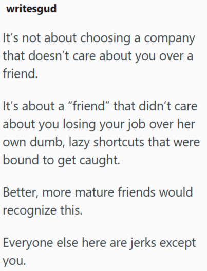 writesgud It's not about choosing a company that doesn't care about you over a friend. It's about a "friend" that didn't care about you losing your job over her own dumb, lazy shortcuts that were bound to get caught. Better, more mature friends would recognize this. Everyone else here are jerks except you.