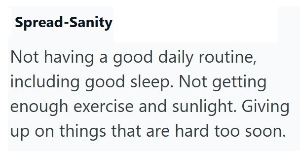 Spread-Sanity Not having a good daily routine, including good sleep. Not getting enough exercise and sunlight. Giving up on things that are hard too soon.