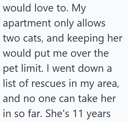 would love to. My apartment only allows two cats, and keeping her would put me over the pet limit. I went down a list of rescues in my area, and no one can take her in so far. She's 11 years
