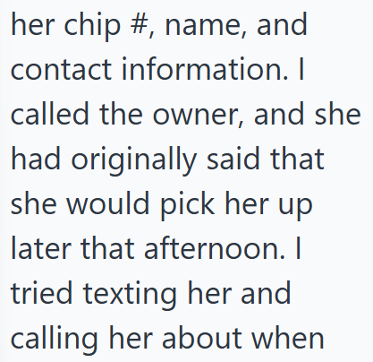 her chip #, name, and contact information. I called the owner, and she had originally said that she would pick her up later that afternoon. I tried texting her and calling her about when