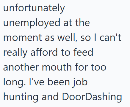 unfortunately unemployed at the moment as well, so I can't really afford to feed another mouth for too long. I've been job hunting and DoorDashing