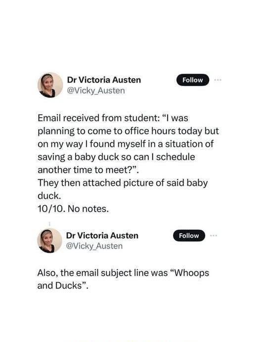 Dr Victoria Austen @Vicky_Austen Follow Email received from student: "I was planning to come to office hours today but on my way I found myself in a situation of saving a baby duck so can I schedule another time to meet?". They then attached picture of said baby duck. 10/10. No notes. Dr Victoria Austen Follow @Vicky_Austen Also, the email subject line was "Whoops and Ducks".