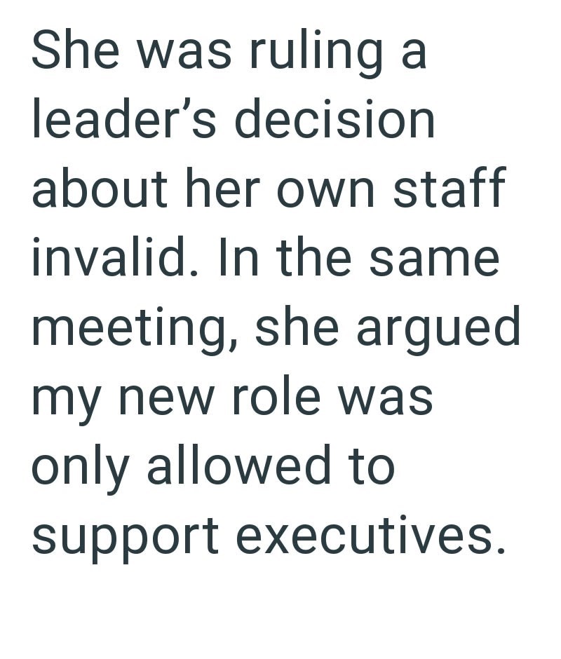 She was ruling a leader's decision about her own staff invalid. In the same meeting, she argued my new role was only allowed to support executives.