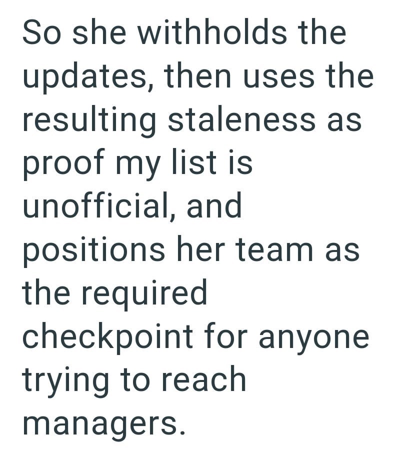 So she withholds the updates, then uses the resulting staleness as proof my list is unofficial, and positions her team as the required checkpoint for anyone trying to reach managers.