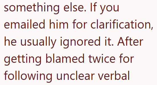 something else. If you emailed him for clarification, he usually ignored it. After getting blamed twice for following unclear verbal