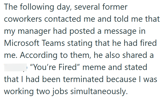 The following day, several former coworkers contacted me and told me that my manager had posted a message in Microsoft Teams stating that he had fired me. According to them, he also shared a "You're Fired" meme and stated that I had been terminated because I was working two jobs simultaneously.
