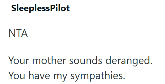 SleeplessPilot NTA Your mother sounds deranged. You have my sympathies.