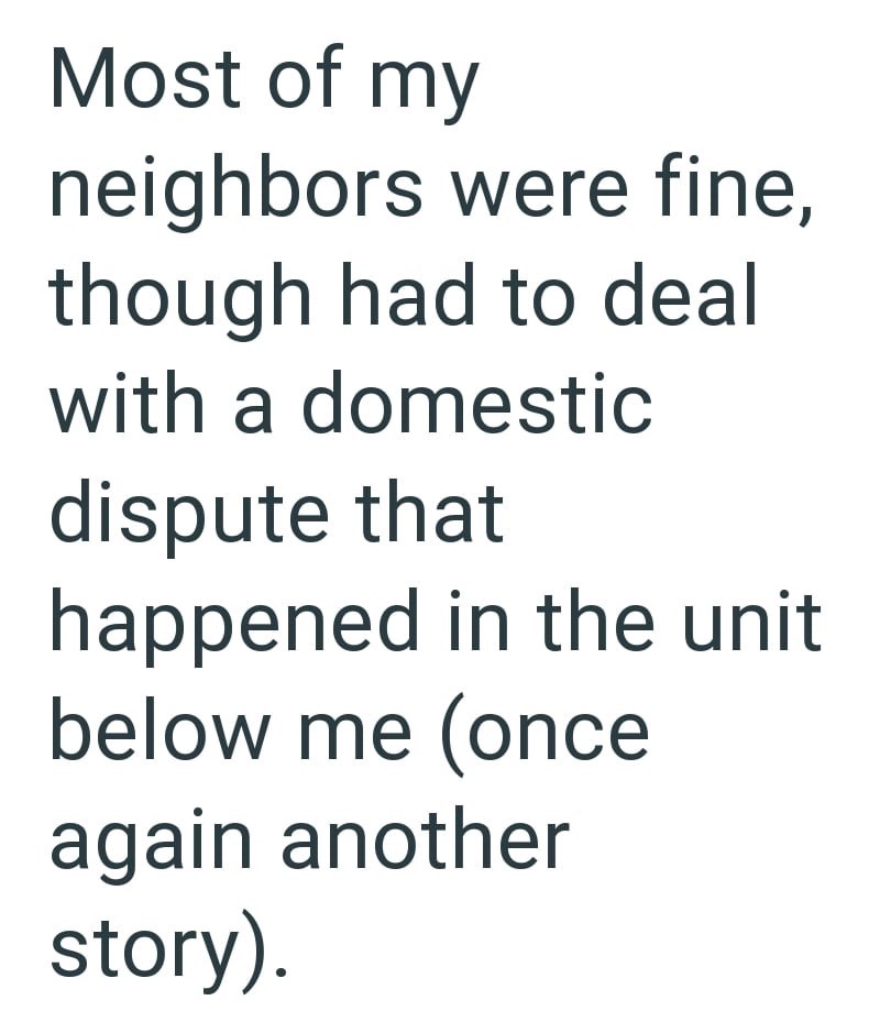 Most of my neighbors were fine, though had to deal with a domestic dispute that happened in the unit below me (once again another story).