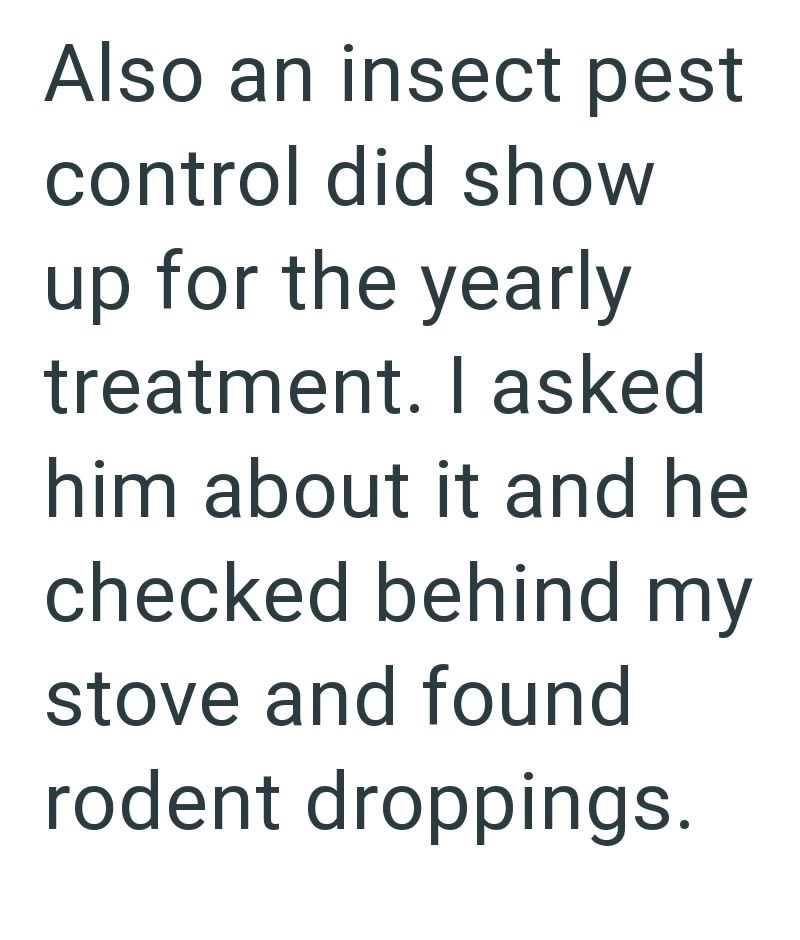 Also an insect pest control did show up for the yearly treatment. I asked him about it and he checked behind my stove and found rodent droppings.