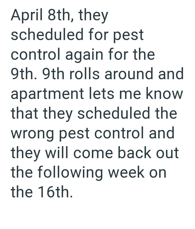 April 8th, they scheduled for pest control again for the 9th. 9th rolls around and apartment lets me know that they scheduled the wrong pest control and they will come back out the following week on the 16th.