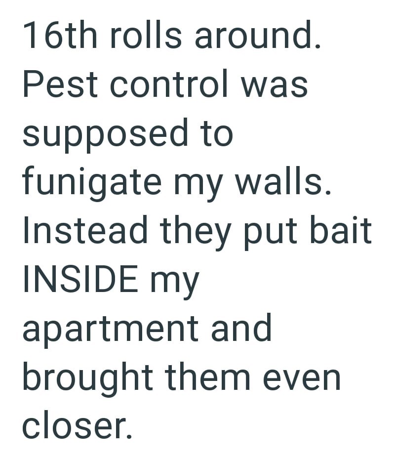 16th rolls around. Pest control was supposed to funigate my walls. Instead they put bait INSIDE my apartment and brought them even closer.