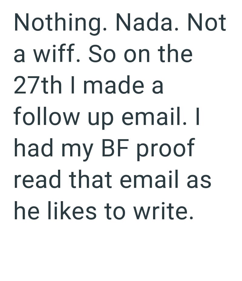 Nothing. Nada. Not a wiff. So on the 27th I made a follow up email. I had my BF proof read that email as he likes to write.