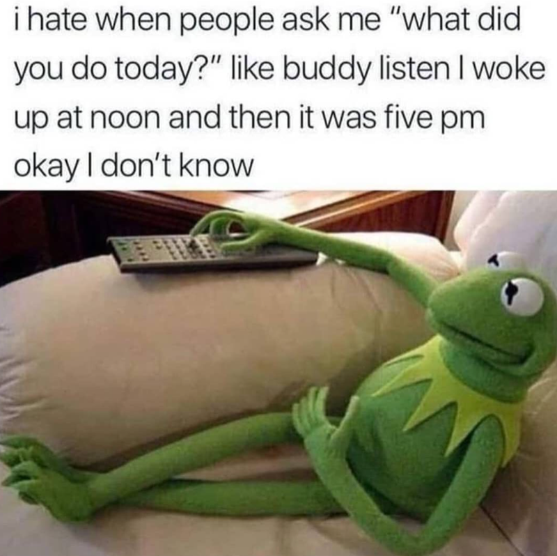 i hate when people ask me "what did you do today?" like buddy listen I woke up at noon and then it was five pm okay I don't know
