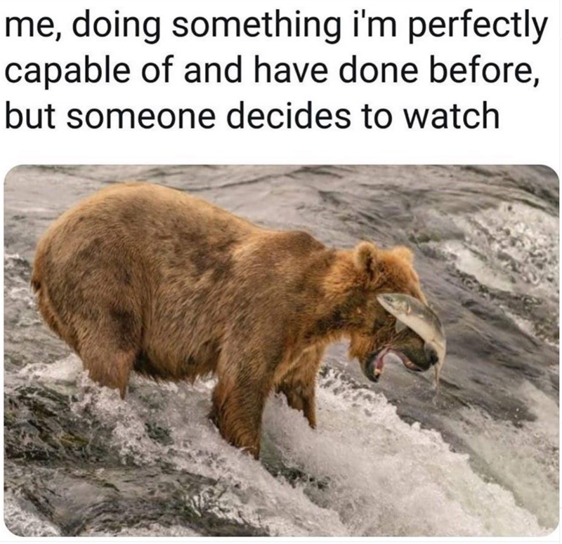 me, doing something i'm perfectly capable of and have done before, but someone decides to watch