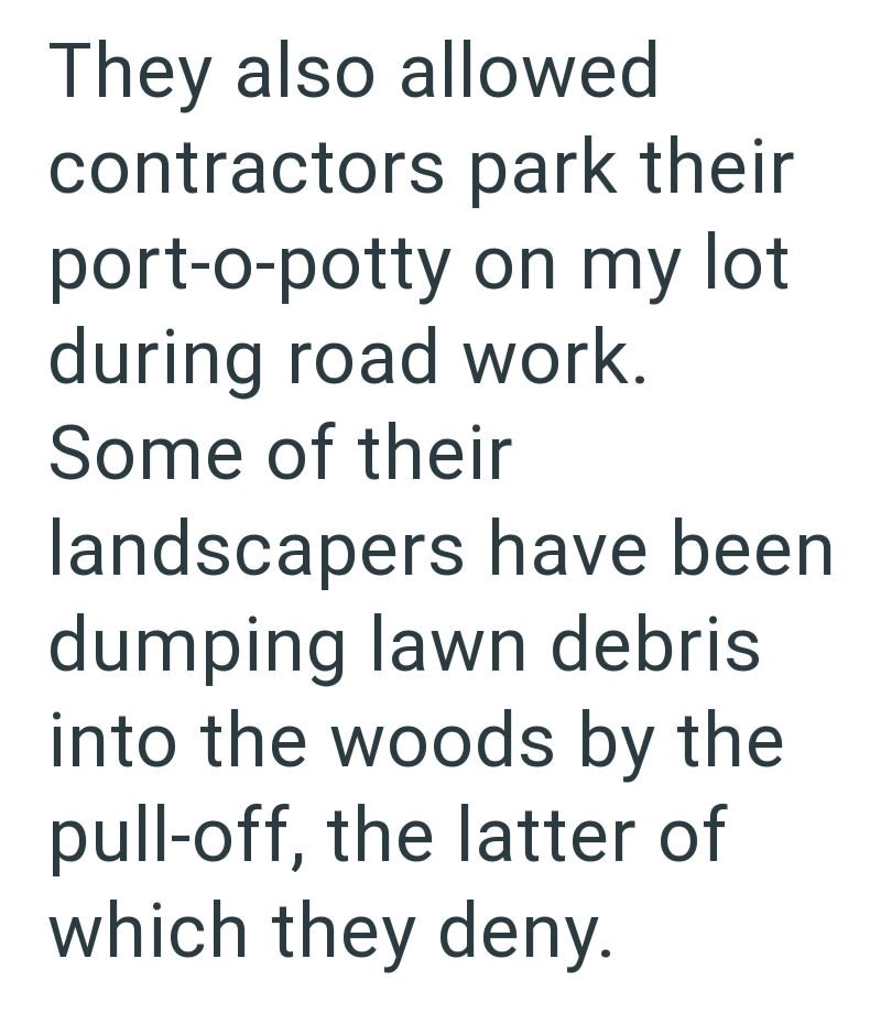 They also allowed contractors park their port-o-potty on my lot during road work. Some of their landscapers have been. dumping lawn debris into the woods by the pull-off, the latter of which they deny.