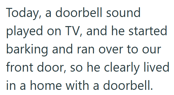 Today, a doorbell sound played on TV, and he started barking and ran over to our front door, so he clearly lived in a home with a doorbell.
