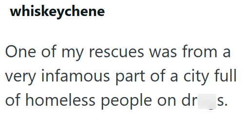 whiskeychene One of my rescues was from a very infamous part of a city full of homeless people on dr_s.