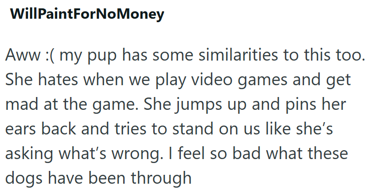 WillPaintForNoMoney Aww:(my pup has some similarities to this too. She hates when we play video games and get mad at the game. She jumps up and pins her ears back and tries to stand on us like she's asking what's wrong. I feel so bad what these dogs have been through