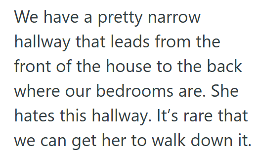 We have a pretty narrow hallway that leads from the front of the house to the back where our bedrooms are. She hates this hallway. It's rare that we can get her to walk down it.