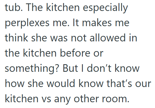 tub. The kitchen especially perplexes me. It makes me think she was not allowed in the kitchen before or something? But I don't know how she would know that's our kitchen vs any other room.