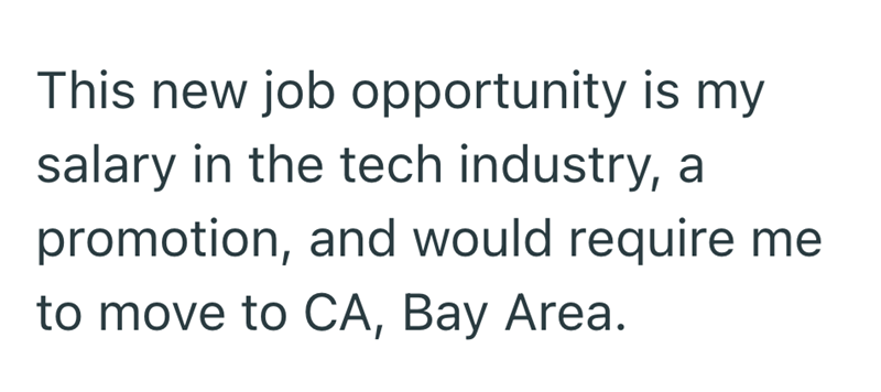 This new job opportunity is my salary in the tech industry, a promotion, and would require me to move to CA, Bay Area.