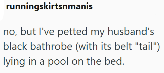runningskirtsnmanis no, but I've petted my husband's black bathrobe (with its belt "tail") lying in a pool on the bed.