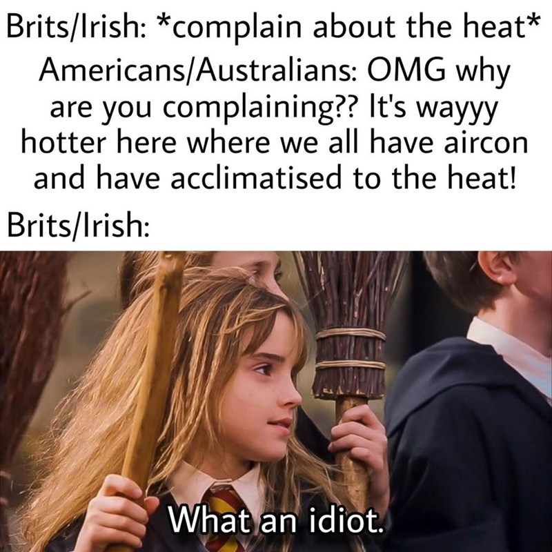 Brits/Irish: *complain about the heat* Americans/Australians: OMG why are you complaining?? It's wayyy hotter here where we all have aircon and have acclimatised to the heat! Brits/Irish: What an idiot.
