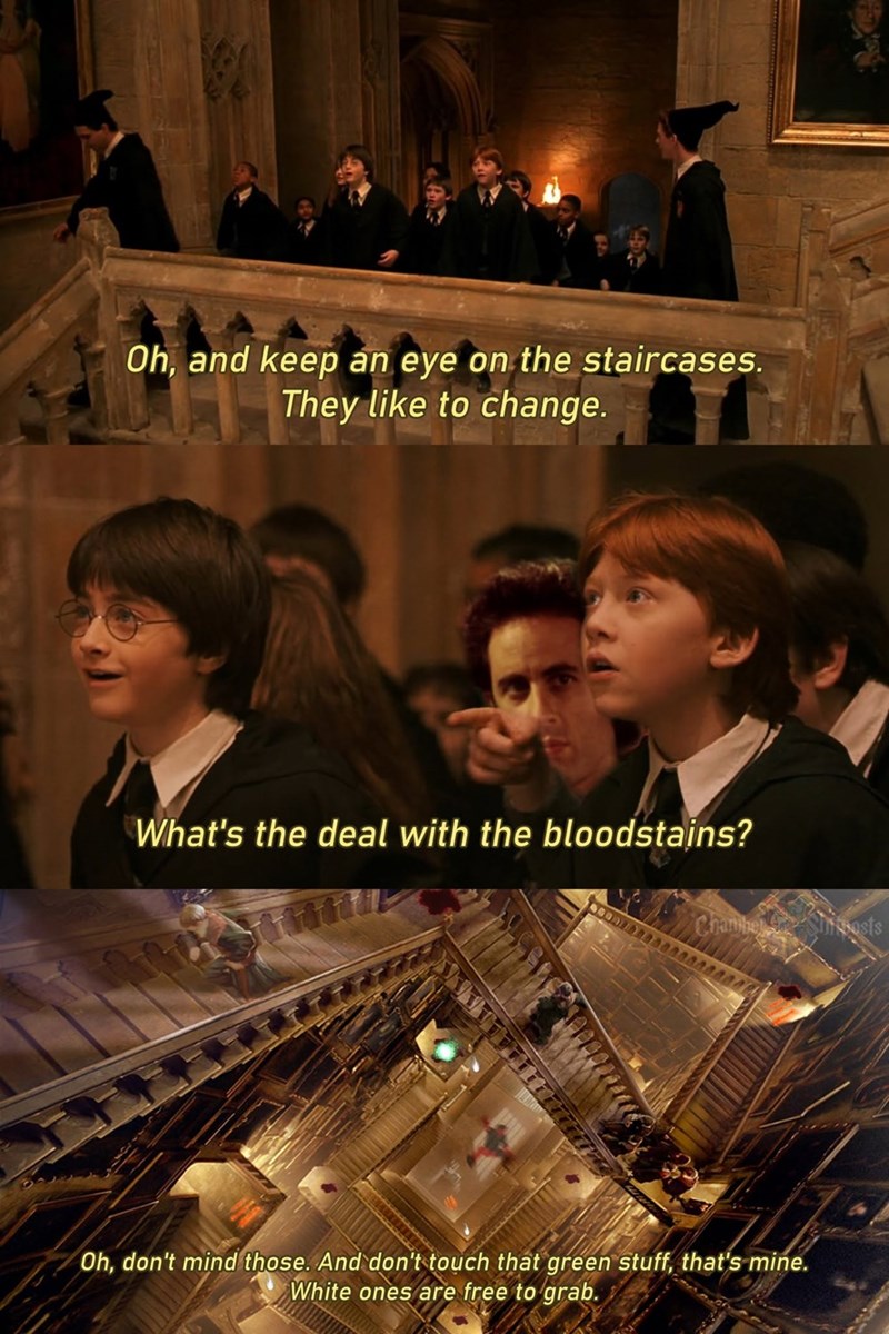 Oh, and keep an eye on the staircases. They like to change. What's the deal with the bloodstains? Oh, don't mind those. And don't touch that green stuff, that's mine. White ones are free to grab.