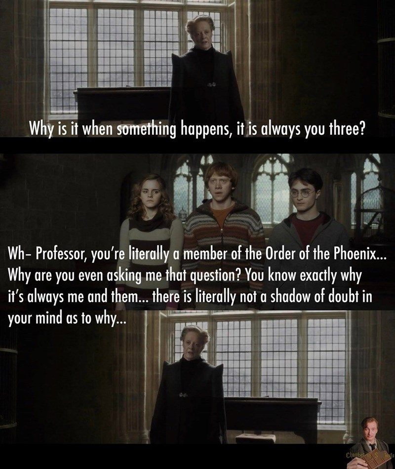 Why is it when something happens, it is always you three? Wh- Professor, you're literally a member of the Order of the Phoenix... Why are you even asking me that question? You know exactly why it's always me and them... there is literally not a shadow of doubt in your mind as to why... Chamber of S