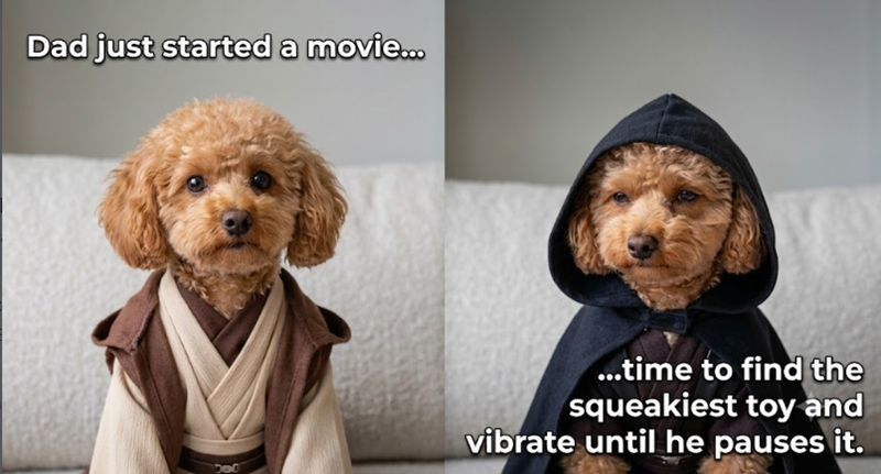 Dad just started a movie... ...time to find the squeakiest toy and vibrate until he pauses it.