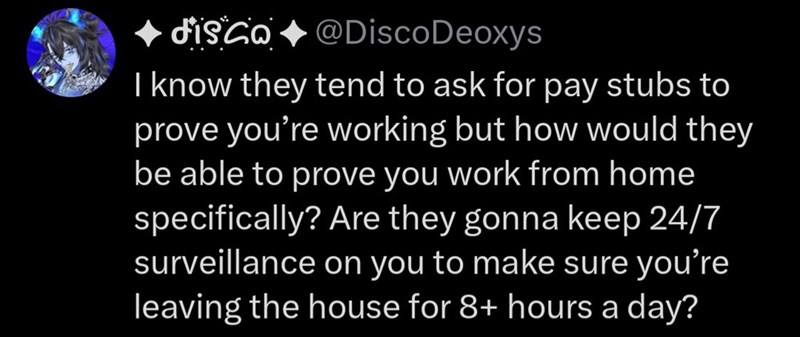 disco @Disco Deoxys I know they tend to ask for pay stubs to prove you're working but how would they be able to prove you work from home specifically? Are they gonna keep 24/7 surveillance on you to make sure you're leaving the house for 8+ hours a day?