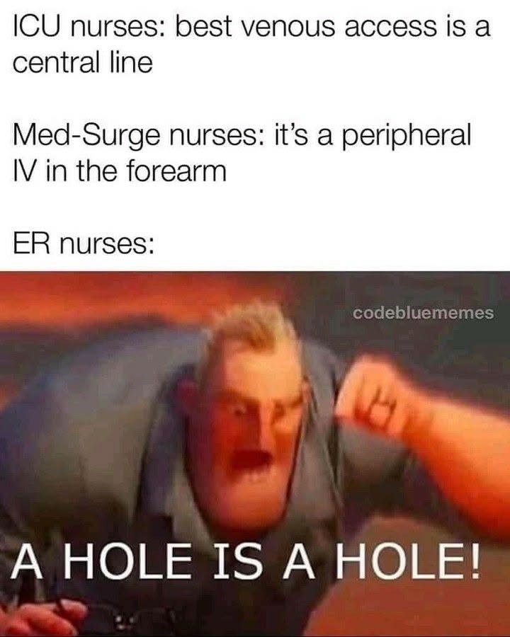 ICU nurses: best venous access is a central line Med-Surge nurses: it's a peripheral IV in the forearm ER nurses: codebluememes A HOLE IS A HOLE!