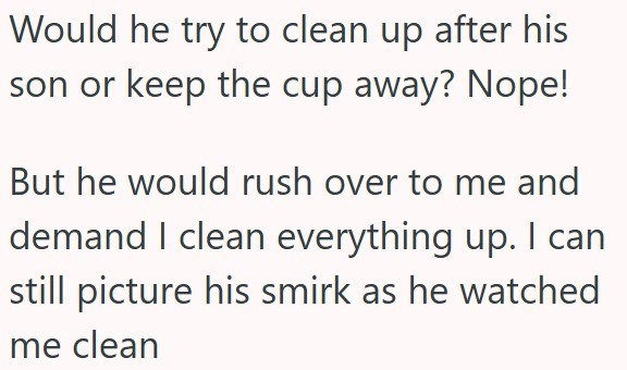 Would he try to clean up after his son or keep the cup away? Nope! But he would rush over to me and demand I clean everything up. I can still picture his smirk as he watched me clean