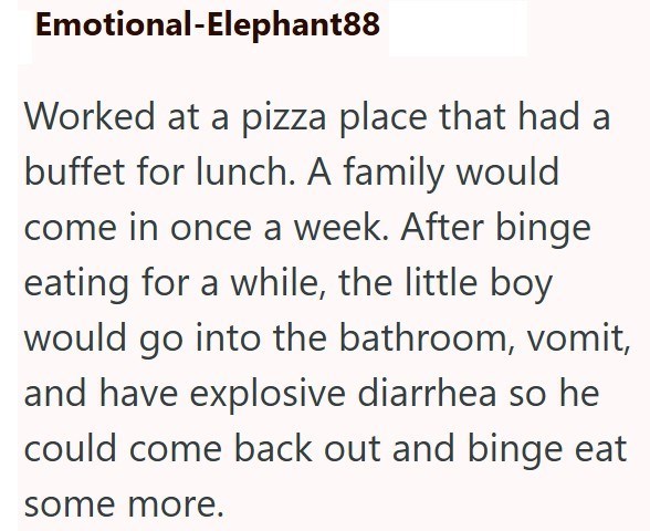 Emotional-Elephant88 Worked at a pizza place that had a buffet for lunch. A family would come in once a week. After binge eating for a while, the little boy would go into the bathroom, vomit, and have explosive diarrhea so he could come back out and binge eat some more.