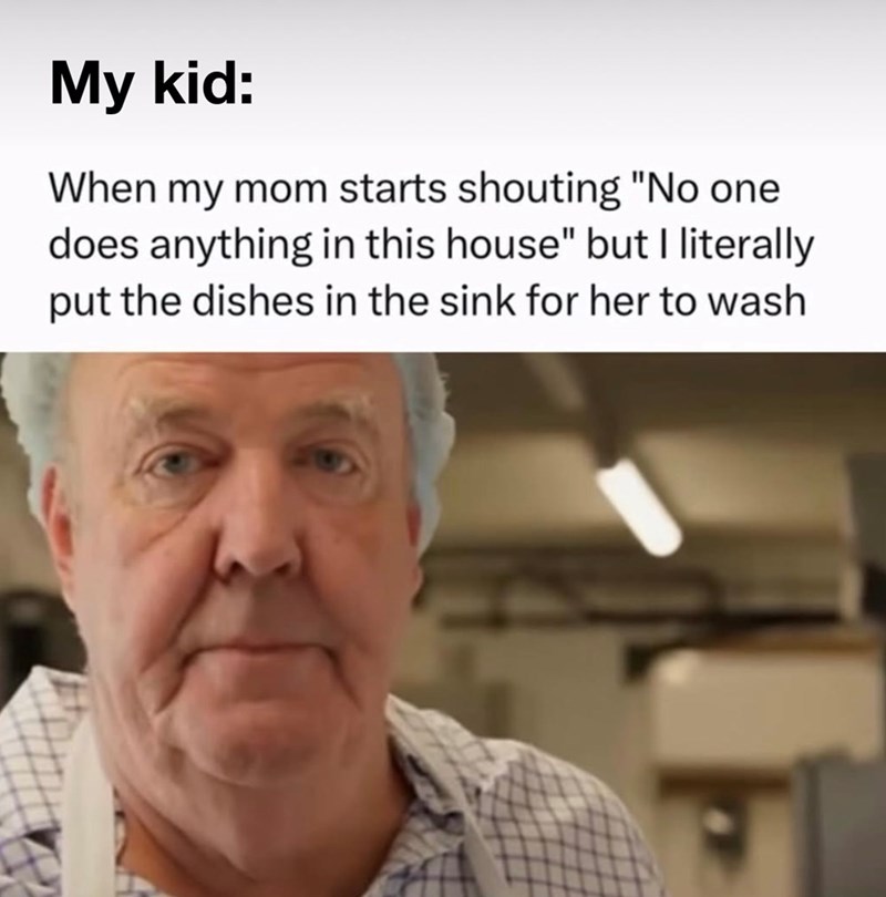 My kid: When my mom starts shouting "No one does anything in this house" but I literally put the dishes in the sink for her to wash