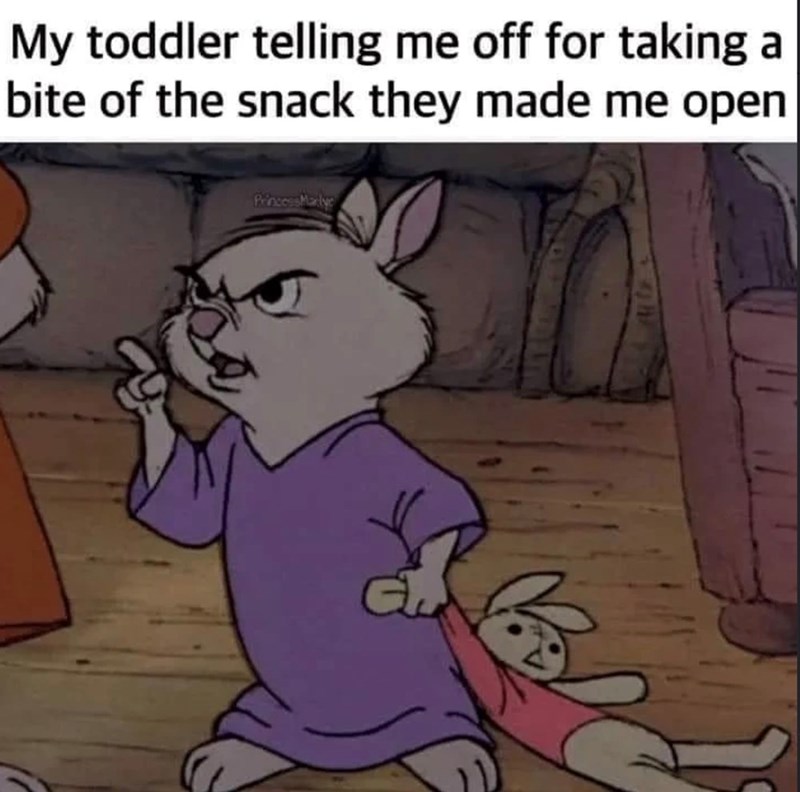 My toddler telling me off for taking a bite of the snack they made me open Princess Marlye