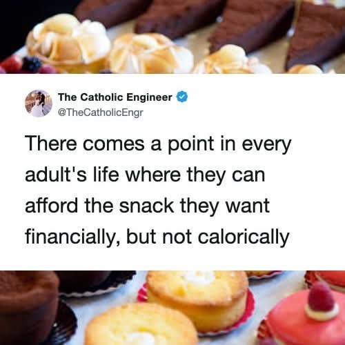 The Catholic Engineer @TheCatholicEngr There comes a point in every adult's life where they can afford the snack they want financially, but not calorically