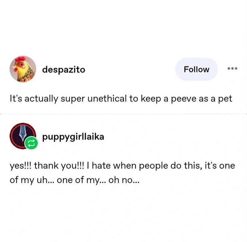 despazito Follow It's actually super unethical to keep a peeve as a pet puppygirllaika yes!!! thank you!!! I hate when people do this, it's one of my uh... one of my... oh no...