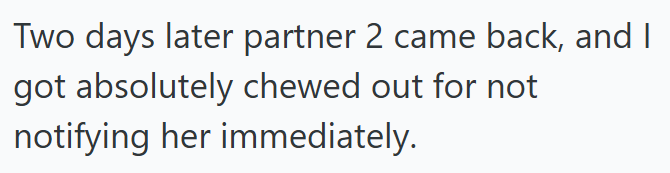 Two days later partner 2 came back, and I got absolutely chewed out for not notifying her immediately.