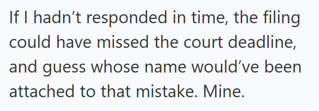 If I hadn't responded in time, the filing could have missed the court deadline, and guess whose name would've been attached to that mistake. Mine.