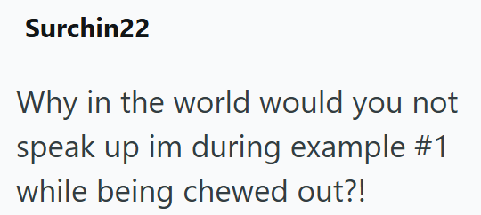 Surchin22 Why in the world would you not speak up im during example #1 while being chewed out?!