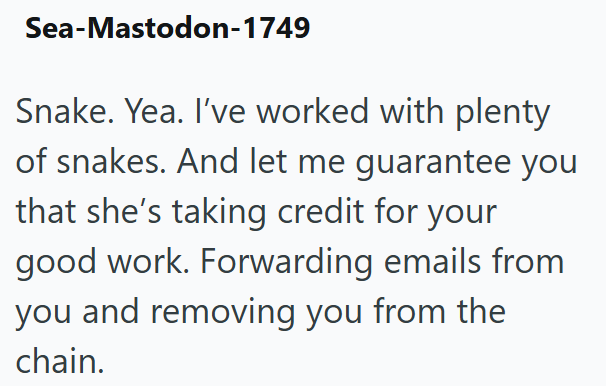Sea-Mastodon-1749 Snake. Yea. I've worked with plenty of snakes. And let me guarantee you that she's taking credit for your good work. Forwarding emails from you and removing you from the chain.
