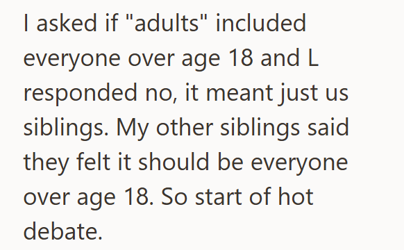 I asked if "adults" included everyone over age 18 and L responded no, it meant just us siblings. My other siblings said they felt it should be everyone over age 18. So start of hot debate.