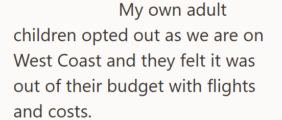 My own adult children opted out as we are on West Coast and they felt it was out of their budget with flights and costs.