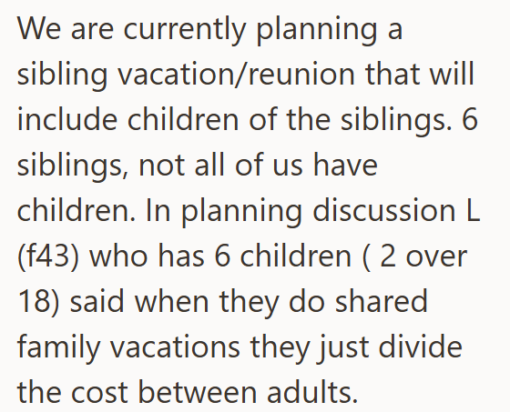 We are currently planning a sibling vacation/reunion that will include children of the siblings. 6 siblings, not all of us have children. In planning discussion L (f43) who has 6 children ( 2 over 18) said when they do shared family vacations they just divide the cost between adults.