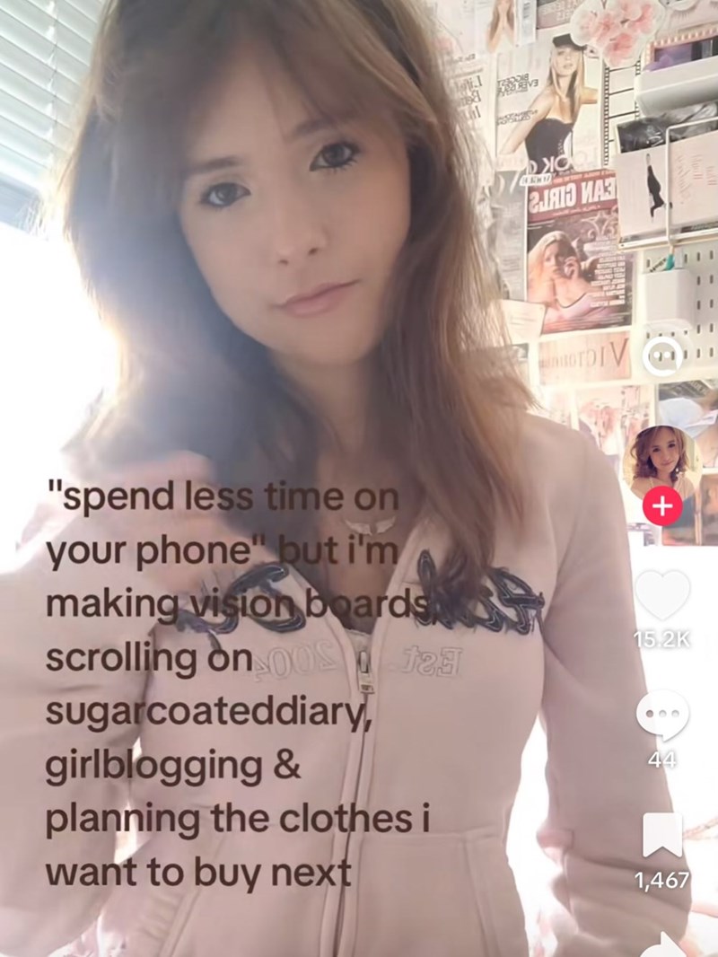 ГЛЯТО НАЗ HOTDIV "spend less time on your phone" but i'm making vision boards scrolling on 00s 189 sugarcoateddiary, girlblogging & planning the clothes i want to buy next + 15.2K 000 44 1,467