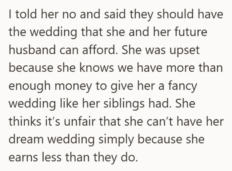 I told her no and said they should have the wedding that she and her future husband can afford. She was upset because she knows we have more than enough money to give her a fancy wedding like her siblings had. She thinks it's unfair that she can't have her dream wedding simply because she earns less than they do.