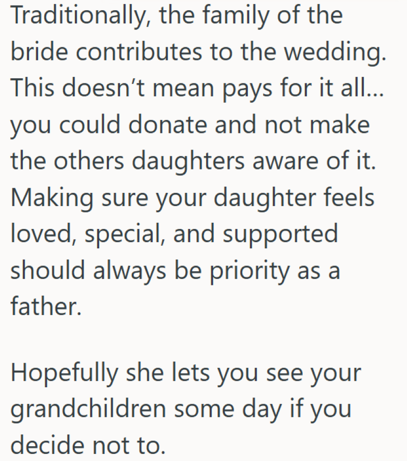 Traditionally, the family of the bride contributes to the wedding. This doesn't mean pays for it all... you could donate and not make the others daughters aware of it. Making sure your daughter feels loved, special, and supported should always be priority as a father. Hopefully she lets you see your grandchildren some day if you decide not to.