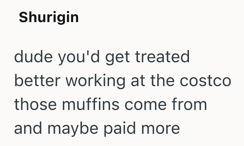 Shurigin dude you'd get treated better working at the costco those muffins come from and maybe paid more
